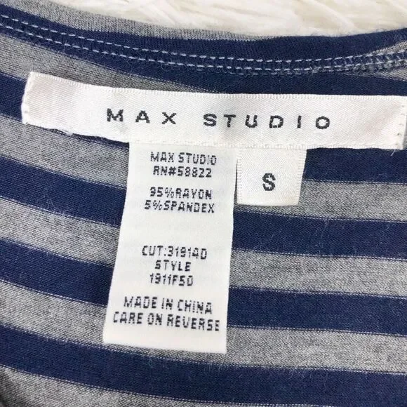 Max Studio Navy Blue Grey Striped Short Sleeve Cowl Neck Ruched Side Dress Small - Picture 6 of 7